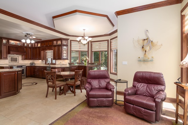 117 Hidden Shores Dr, Branson West, MO 65737 - living area with a chandelier, ornamental molding, baseboards, and a ceiling fan