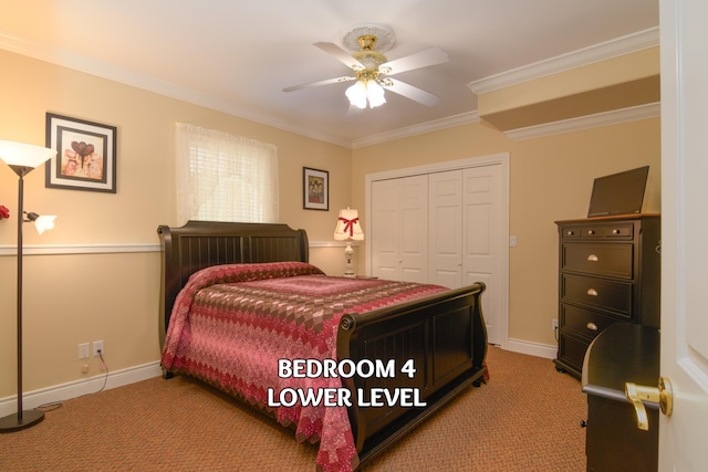 117 Hidden Shores Dr, Branson West, MO 65737 - carpeted bedroom with a closet, ornamental molding, baseboards, and a ceiling fan
