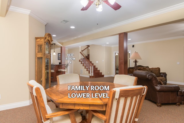 117 Hidden Shores Dr, Branson West, MO 65737 - dining area with ceiling fan, crown molding, light colored carpet, stairway, and baseboards