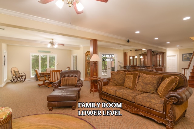 117 Hidden Shores Dr, Branson West, MO 65737 - carpeted living room featuring ceiling fan, crown molding, recessed lighting, baseboards, and stairway