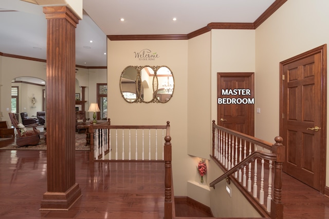 117 Hidden Shores Dr, Branson West, MO 65737 - corridor with decorative columns, an upstairs landing, wood finished floors, crown molding, and recessed lighting