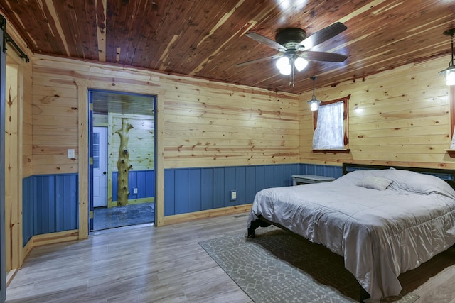 145 Allison Bnd, Lampe, MO 65681 - bedroom with wooden ceiling, wooden walls, wood finished floors, and ceiling fan