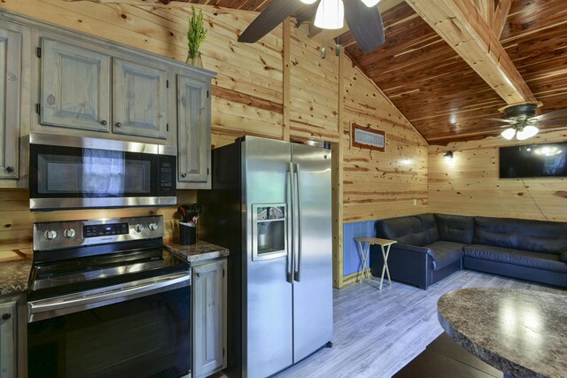 145 Allison Bnd, Lampe, MO 65681 - kitchen with stainless steel appliances, wooden ceiling, a ceiling fan, wooden walls, and light wood-type flooring