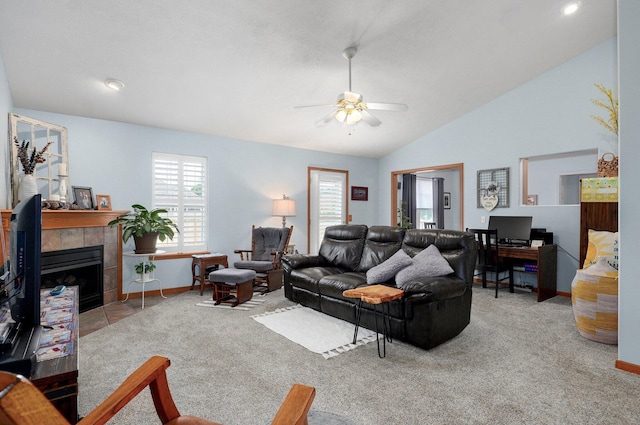 920 Bradford Ct, Marshfield, MO 65706 - living room featuring healthy amount of natural light, carpet, baseboards, ceiling fan, and lofted ceiling