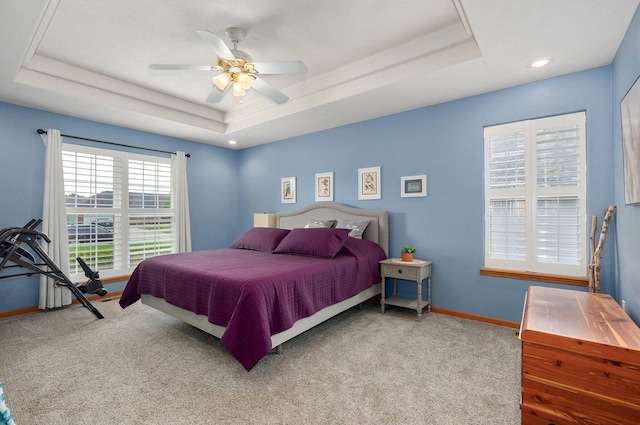 920 Bradford Ct, Marshfield, MO 65706 - bedroom with a raised ceiling, carpet floors, baseboards, ceiling fan, and recessed lighting