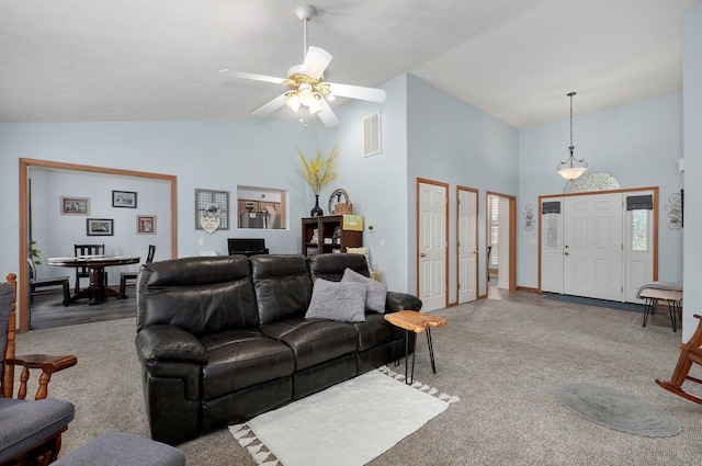 920 Bradford Ct, Marshfield, MO 65706 - living room with high vaulted ceiling, ceiling fan, baseboards, and carpet