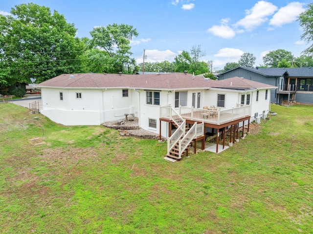 26237 Twin Rivers Dr, Shell Knob, MO 65747 - rear view of property featuring stairs, a deck, a lawn, and a shingled roof