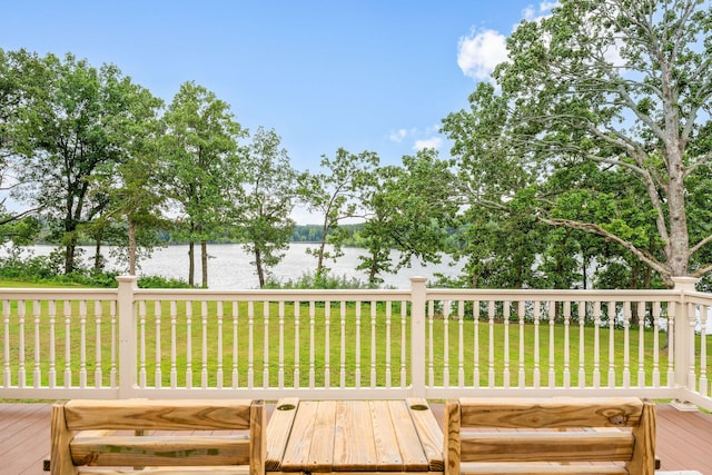 26237 Twin Rivers Dr, Shell Knob, MO 65747 - wooden terrace featuring a water view and a lawn