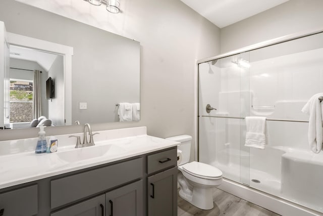 400 Lake Front Dr, Branson, MO 65616 - bathroom featuring wood finished floors, a shower stall, toilet, and vanity