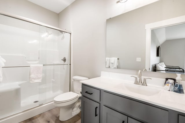 400 Lake Front Dr, Branson, MO 65616 - bathroom featuring a stall shower, vanity, wood finished floors, and toilet