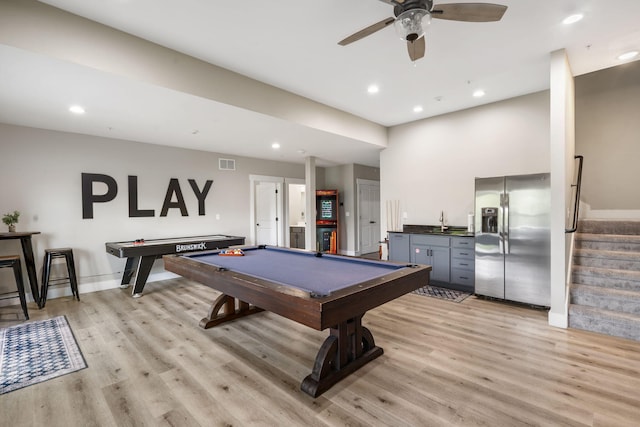 400 Lake Front Dr, Branson, MO 65616 - rec room with a sink, light wood-style flooring, pool table, baseboards, and ceiling fan