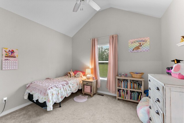 419 Wyldewood Dr, Fordland, MO 65652 - carpeted bedroom featuring lofted ceiling, baseboards, and ceiling fan
