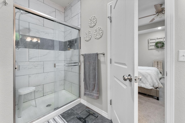 419 Wyldewood Dr, Fordland, MO 65652 - full bathroom with ensuite bath, a shower stall, baseboards, and ceiling fan
