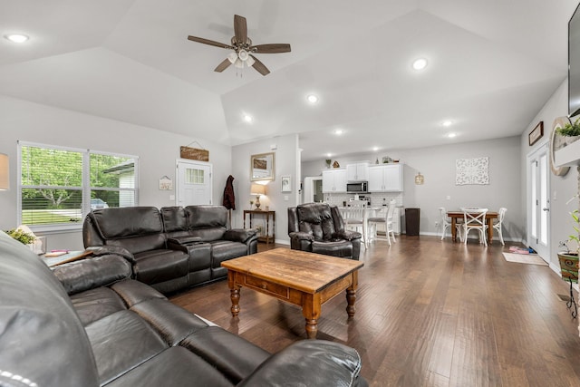 419 Wyldewood Dr, Fordland, MO 65652 - living room with lofted ceiling, a ceiling fan, dark wood-style floors, and recessed lighting