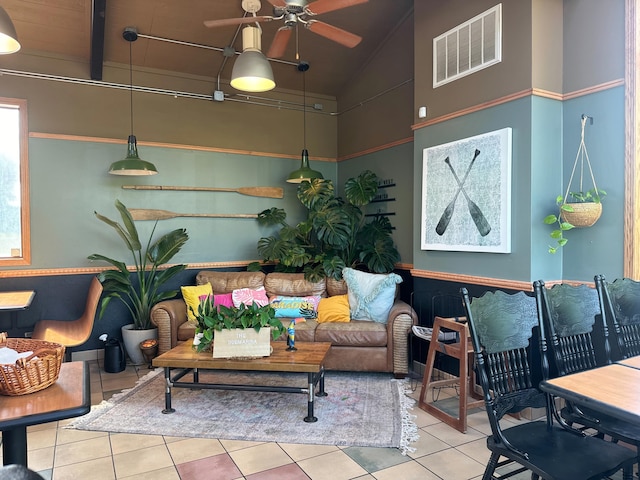 26094 State Highway 39, Shell Knob, MO 65747 - living area with tile patterned flooring, a ceiling fan, and high vaulted ceiling