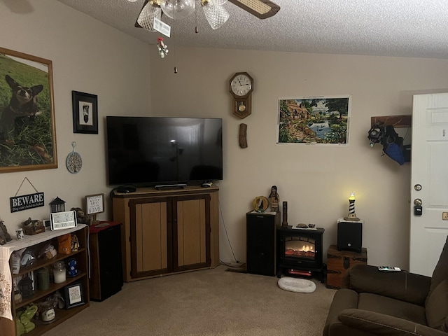 1615 E 562nd Rd, Brighton, MO 65617 - carpeted living area featuring ceiling fan, a wood stove, and a textured ceiling