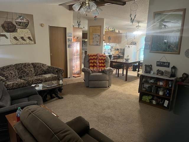 1615 E 562nd Rd, Brighton, MO 65617 - carpeted living area with ceiling fan and a textured ceiling