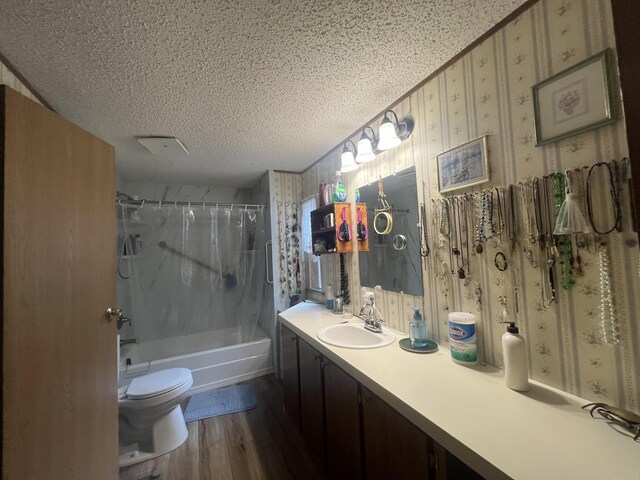 1615 E 562nd Rd, Brighton, MO 65617 - bathroom featuring toilet, wood finished floors, vanity, a textured ceiling, and shower / washtub combination