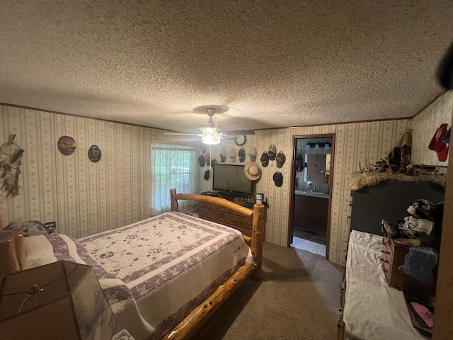 1615 E 562nd Rd, Brighton, MO 65617 - carpeted bedroom with a textured ceiling, ceiling fan, and wallpapered walls