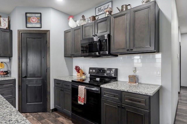 22510 Lawrence Unit 1200, Aurora, MO 65605 - kitchen featuring black / electric stove, dark wood-style floors, backsplash, light stone countertops, and recessed lighting