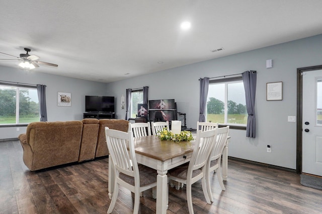 22510 Lawrence Unit 1200, Aurora, MO 65605 - dining space with dark wood-style floors, a ceiling fan, and baseboards