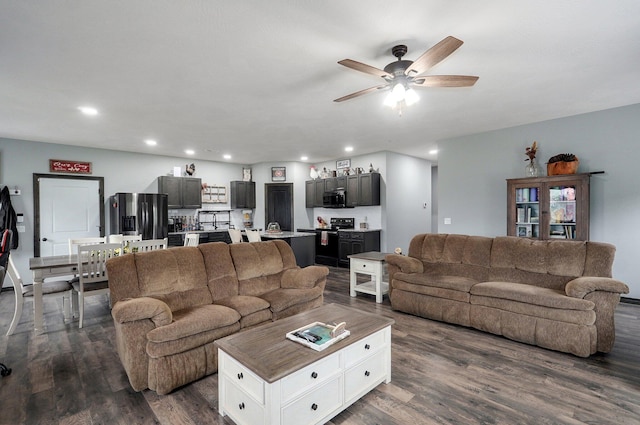 22510 Lawrence Unit 1200, Aurora, MO 65605 - living room featuring dark wood-type flooring, ceiling fan, and recessed lighting