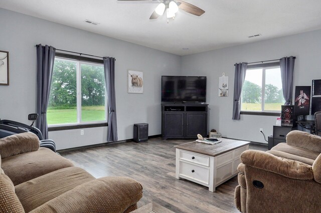 22510 Lawrence Unit 1200, Aurora, MO 65605 - living area with a ceiling fan, plenty of natural light, and wood finished floors