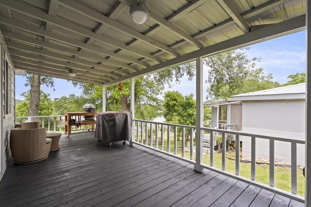 166 Seaman St, Cape Fair, MO 65624 - wooden deck featuring ceiling fan and grilling area