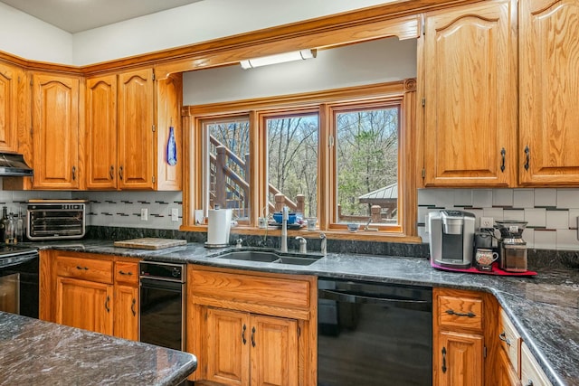 1915 S Farm Rd Unit 219, Springfield, MO 65809 - kitchen with black dishwasher, tasteful backsplash, dark stone counters, and under cabinet range hood