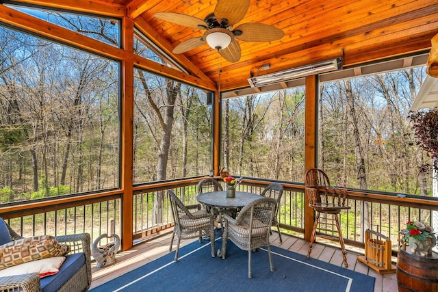 1915 S Farm Rd Unit 219, Springfield, MO 65809 - sunroom with vaulted ceiling, a ceiling fan, outdoor dining area, and view of scattered trees