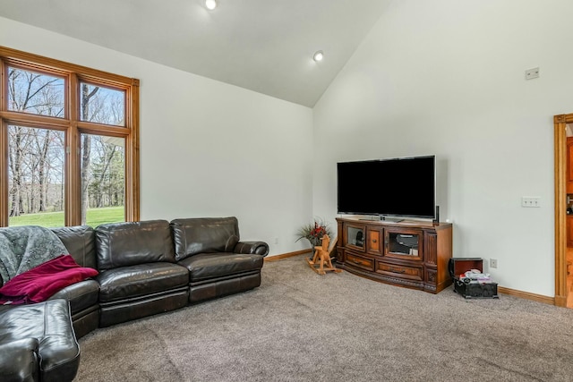 1915 S Farm Rd Unit 219, Springfield, MO 65809 - living area featuring carpet floors, high vaulted ceiling, baseboards, and recessed lighting