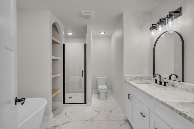 3002 Ginger Dr, West Plains, MO 65775 - bathroom with double vanity, a shower stall, baseboards, marble look tiles, and a freestanding tub