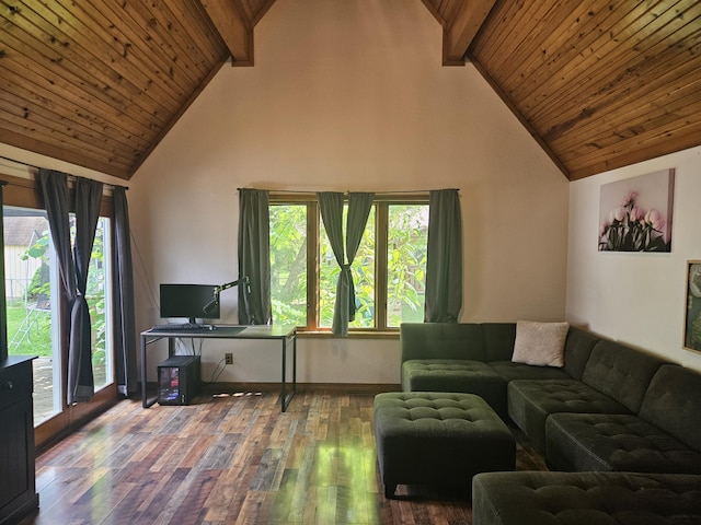 108 Prince St, Buffalo, MO 65622 - living area featuring wood ceiling with exposed beams, wood-type flooring, high vaulted ceiling, and baseboards
