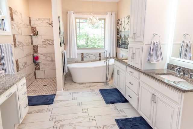 1762 Hickory Ridge Cir, Nixa, MO 65714 - bathroom featuring double vanity, a tile shower, a chandelier, a freestanding tub, and marble look tile flooring