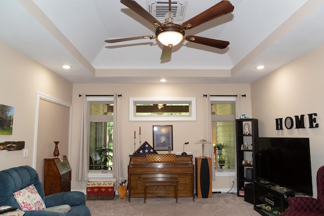 1762 Hickory Ridge Cir, Nixa, MO 65714 - living room with carpet, a tray ceiling, recessed lighting, and ceiling fan