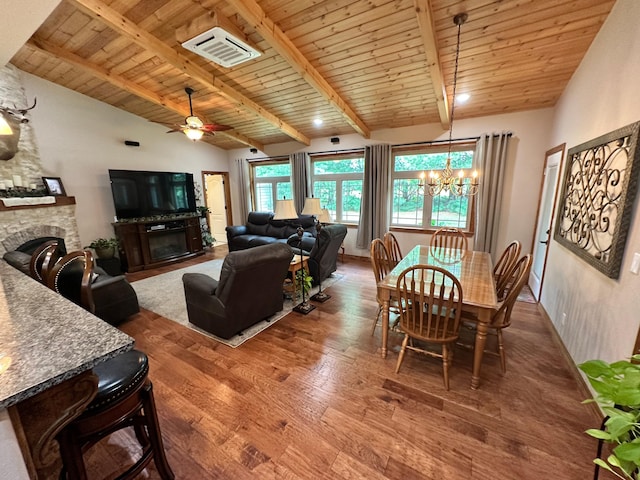1762 Hickory Ridge Cir, Nixa, MO 65714 - living room featuring a stone fireplace, a chandelier, wood finished floors, wood ceiling, and a ceiling fan