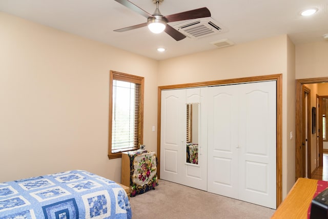 1762 Hickory Ridge Cir, Nixa, MO 65714 - bedroom featuring light carpet, recessed lighting, a closet, and ceiling fan