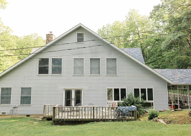 19429 E State Highway 14, Ava, MO 65608 - rear view of property featuring a deck, a chimney, a yard, and french doors