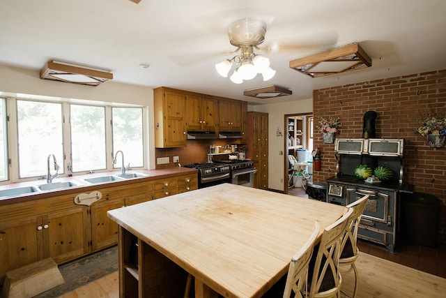 19429 E State Highway 14, Ava, MO 65608 - kitchen featuring a sink, a wood stove, gas range oven, and light wood-type flooring