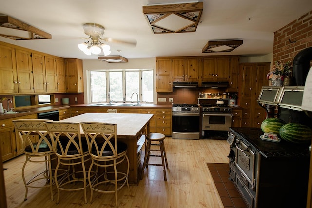 19429 E State Highway 14, Ava, MO 65608 - kitchen with high end stainless steel range oven, stainless steel gas range oven, under cabinet range hood, and light wood-style floors