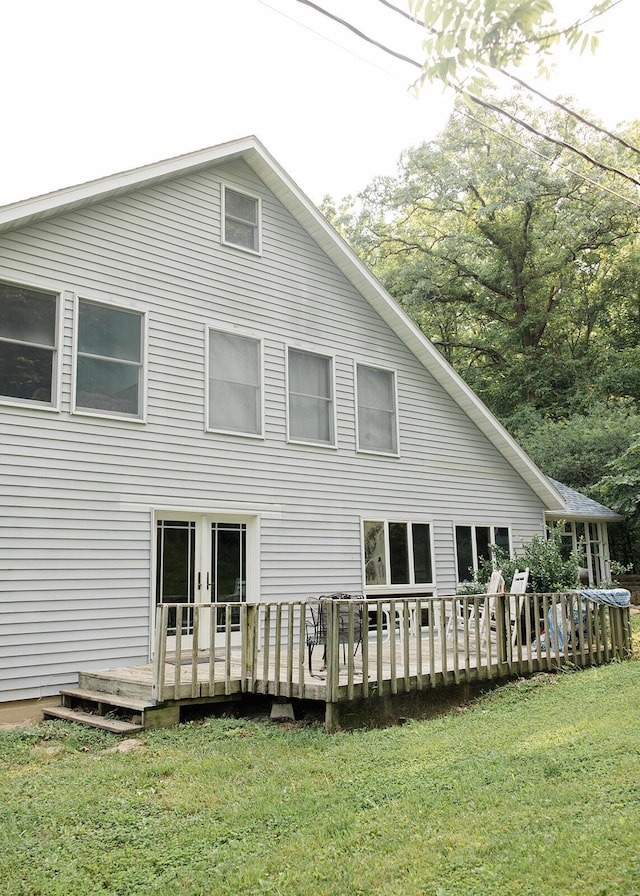 19429 E State Highway 14, Ava, MO 65608 - rear view of property with a wooden deck, a yard, and french doors