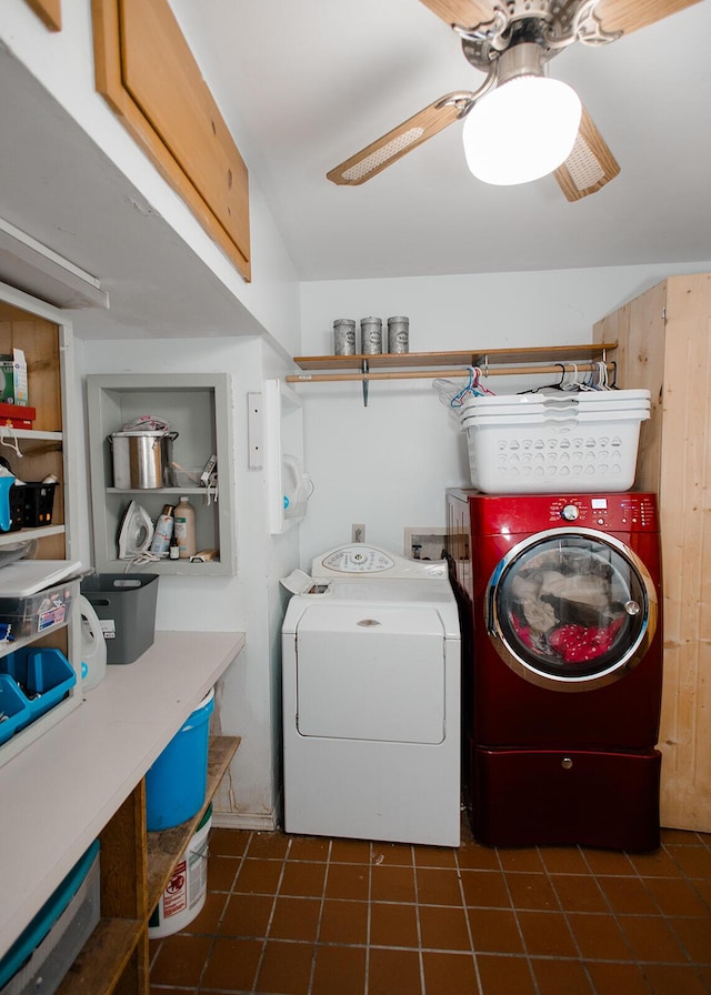 19429 E State Highway 14, Ava, MO 65608 - washroom featuring independent washer and dryer, ceiling fan, and dark tile patterned flooring