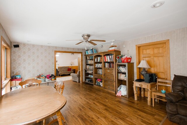 19429 E State Highway 14, Ava, MO 65608 - dining room with wallpapered walls, wood finished floors, and a ceiling fan