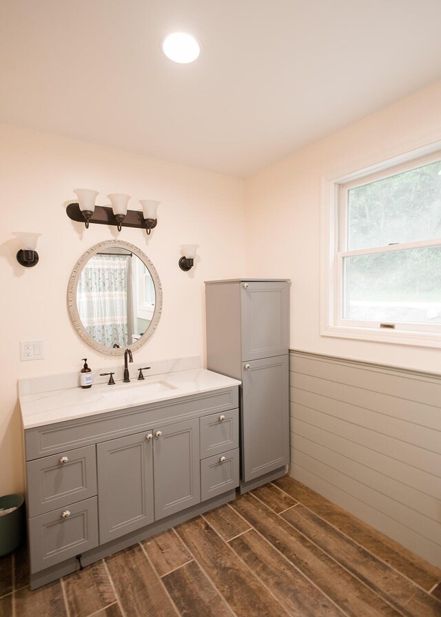 19429 E State Highway 14, Ava, MO 65608 - bathroom featuring wood finished floors, vanity, and a wainscoted wall