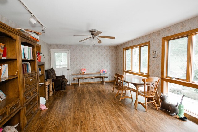 19429 E State Highway 14, Ava, MO 65608 - dining space featuring wallpapered walls, dark wood-type flooring, a ceiling fan, and track lighting