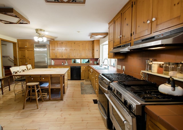 19429 E State Highway 14, Ava, MO 65608 - kitchen featuring stainless steel appliances, a sink, light wood-type flooring, backsplash, and under cabinet range hood