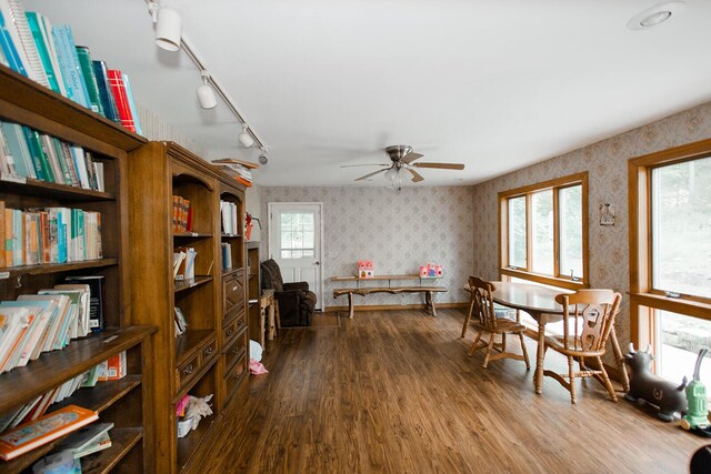 19429 E State Highway 14, Ava, MO 65608 - dining room with wallpapered walls, dark wood-type flooring, ceiling fan, healthy amount of natural light, and track lighting