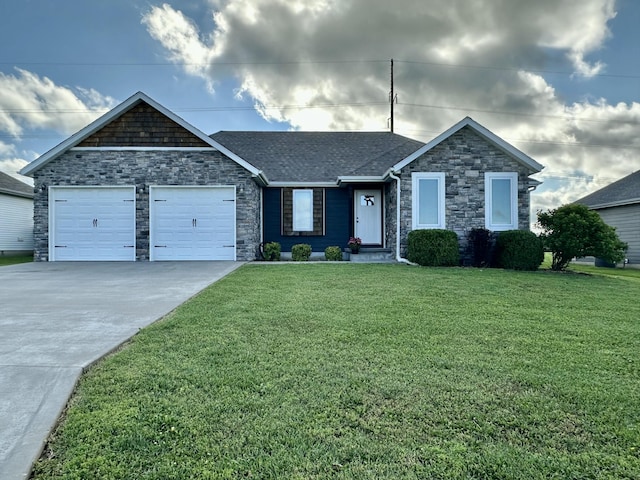 923 Riverview Rd, Marshfield, MO 65706 - view of front of home featuring stone siding, driveway, an attached garage, a front yard, and a shingled roof