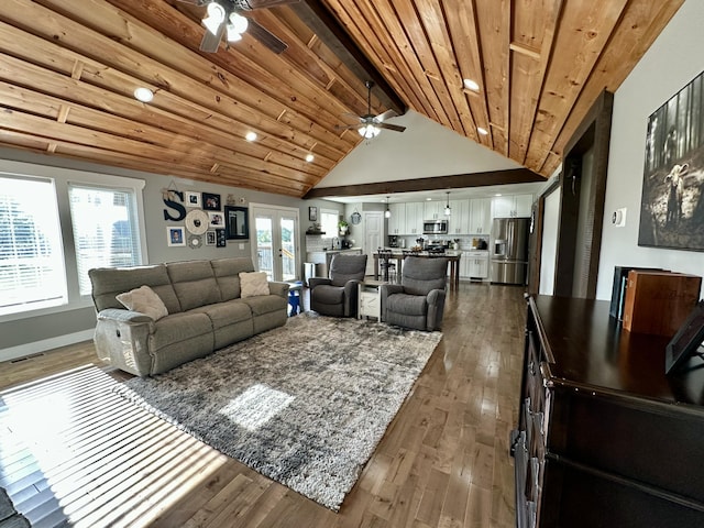 923 Riverview Rd, Marshfield, MO 65706 - living room with a ceiling fan, lofted ceiling, hardwood / wood-style floors, baseboards, and wood ceiling