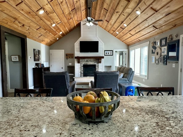 923 Riverview Rd, Marshfield, MO 65706 - living area with a ceiling fan, wooden ceiling, a fireplace, and lofted ceiling